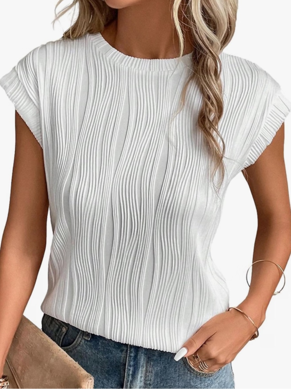White Crewneck Textured Knit Basic Tee